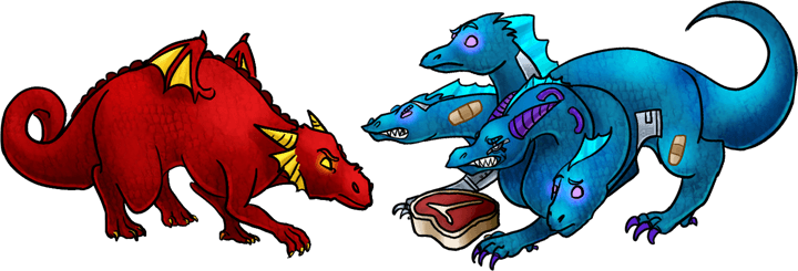 The Many Headed Cyborg Dragon is completely healed except for two band-aids. It is crouching over a giant slab of meat and two of its heads are growling at a single-headed red dragon that is trying to get a bite of the meat. One of the heads seems perplexed or annoyed. The fourth head looks scared by the conflict.