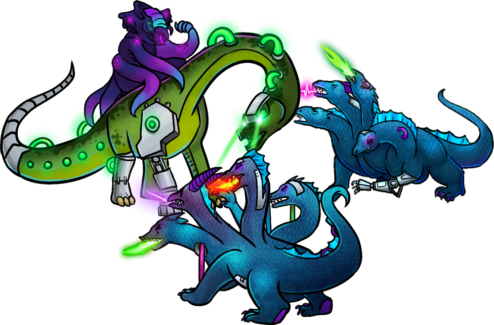 Image of the imperial xenobeast, mounted on its cyborg brontosaurus, battling not one but TWO Many Headed Cyborg Dragons.