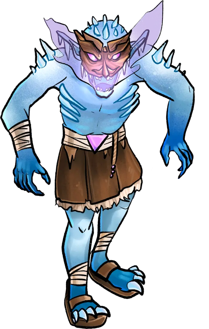 A frost goblin studded with icicles. Its eyes and mouth glow with a pale purple light. These are the basic shock troops of the forces of frost, and are never seen without their carved masks.