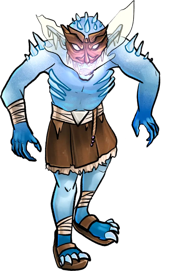 A frost goblin studded with icicles. Its eyes and mouth glow white. These are the basic shock troops of the Forces of Frost, and are never seen without their carved masks.
