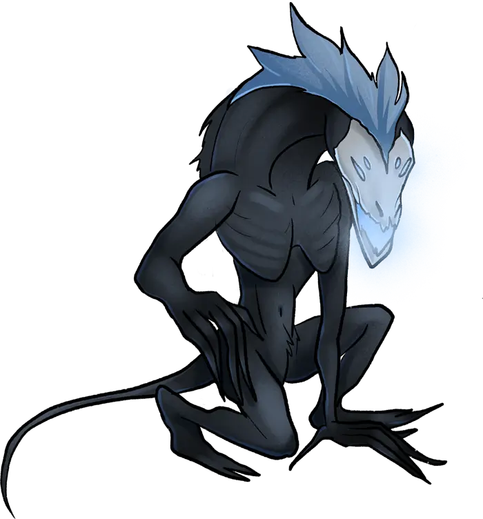 A gangly, elongated creature that lurks in the shadows, waiting to snatch its prey. It has long, long spindly fingers. Its eyes glow with a pale blue light.