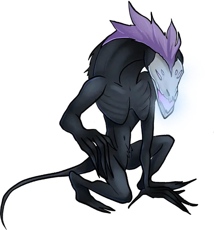 A gangly, elongated creature that lurks in the shadows, waiting to snatch its prey. It has long, long spindly fingers. Its eyes glow with a pale lavender light.
