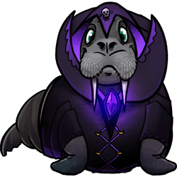 A walrus wearing a very spooky necromancer costume.