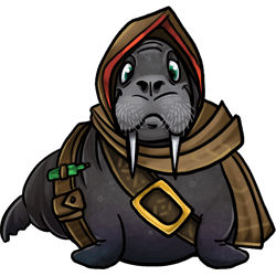 A sneaky walrus with leather belts festooned with lockpicks, pouches and potion bottles. It also wears a hood to partially hide its face.