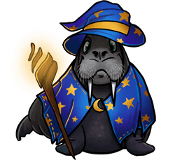 A walrus in classic blue wizard robes with gold stars, and the iconic pointy wizard hat with a wide brim.