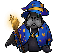 Walrus Wizard A walrus in classic blue wizard robes with gold stars, and the iconic pointy wizard hat with a wide brim.