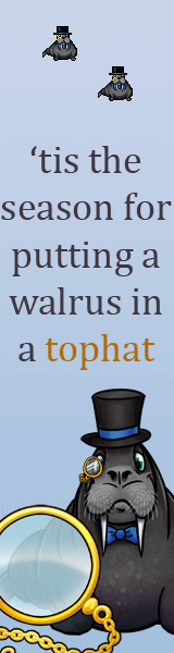 A walrus wearing a top hat, monocle, and bow tie. Text reads: 'tis the season for putting a walrus in a tophat