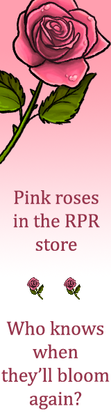 A pink rose on a white and pink background. Text reads: Pink roses in the RPR store. Who knows when they'll bloom again?