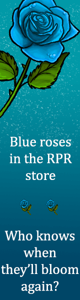 A blue rose on a teal background, with magic sparkles around it. Text reads: Blue roses in the RPR store. Who knows when they'll bloom again?