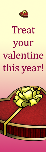 A red and gold heart shaped box wrapped with a big golden bow. Text reads: Treat your valentine this year!