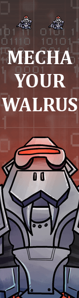 A walrus wearing a high-tech mech suit. Text reads: MECHA YOUR WALRUS